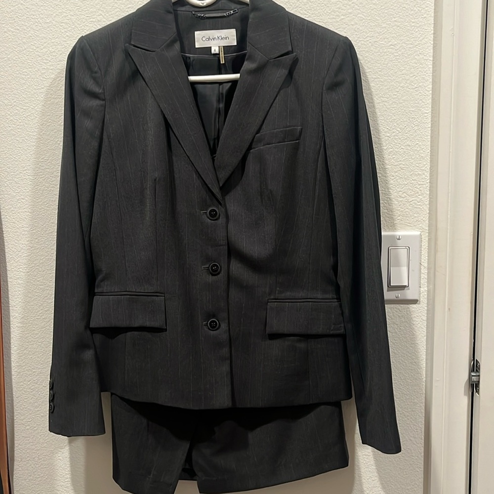 Dark gray pin stripe Calvin Klein women’s skirt suit